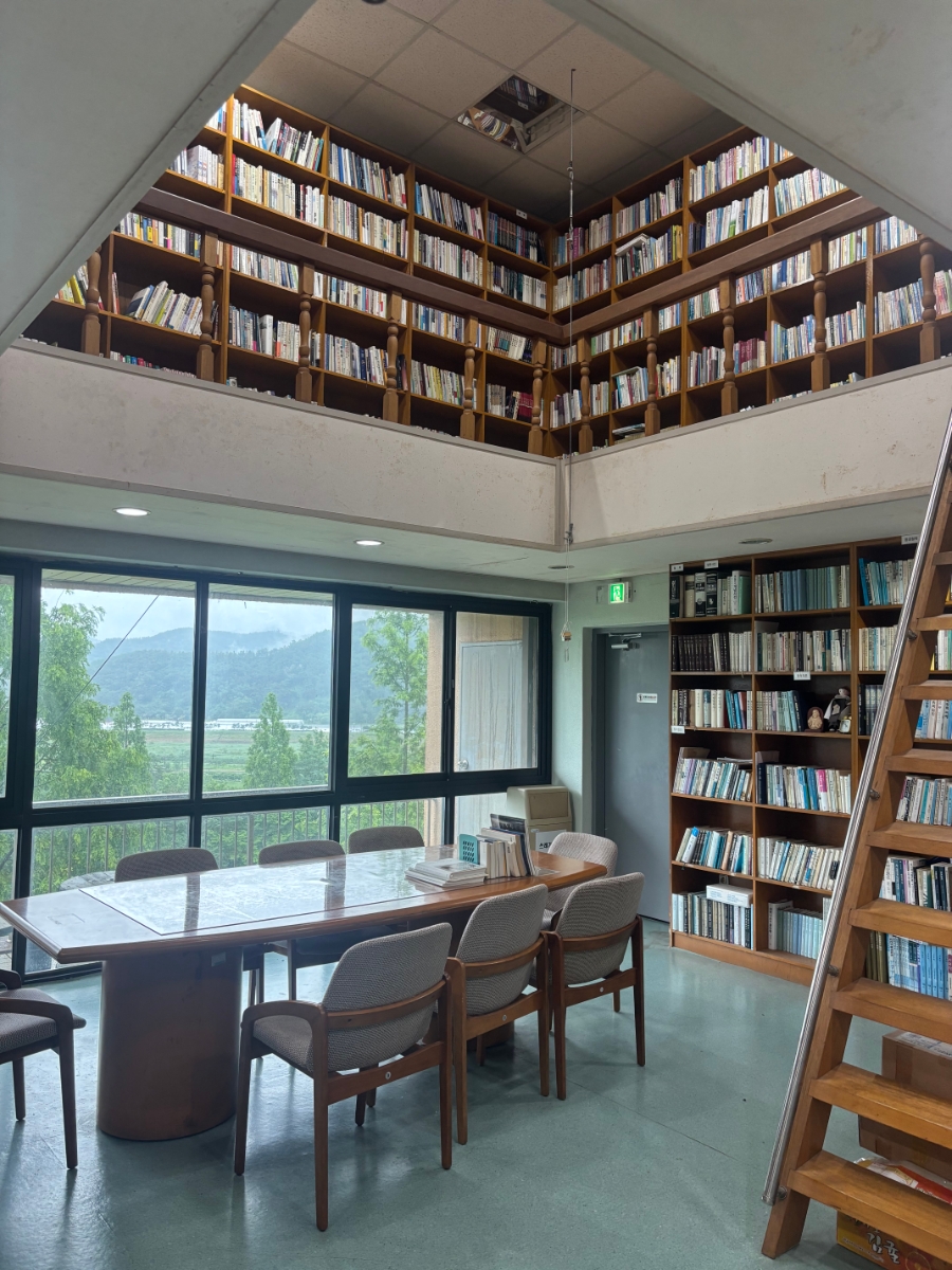 Monastery library with floor-to-ceiling bookshelves