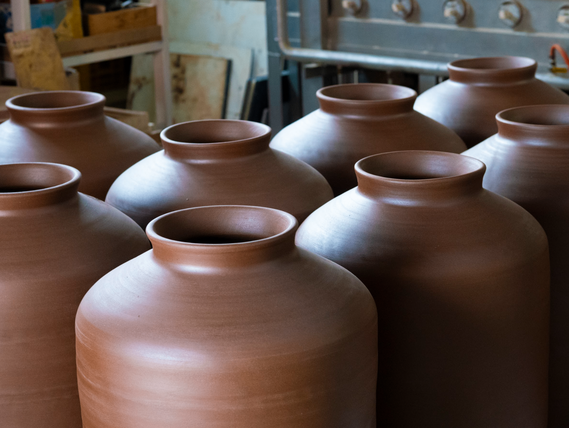 Traditional onggi ceramic fermentation jars in pottery workshop