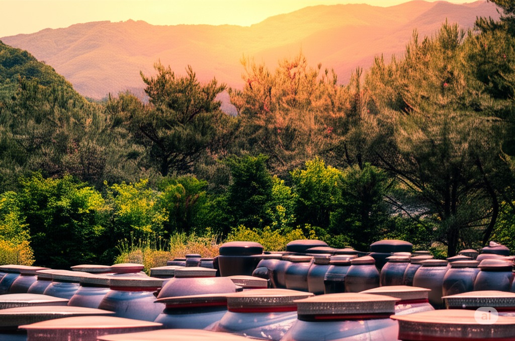 Korea Cultured — onggi jars at sunset in the Korean mountains