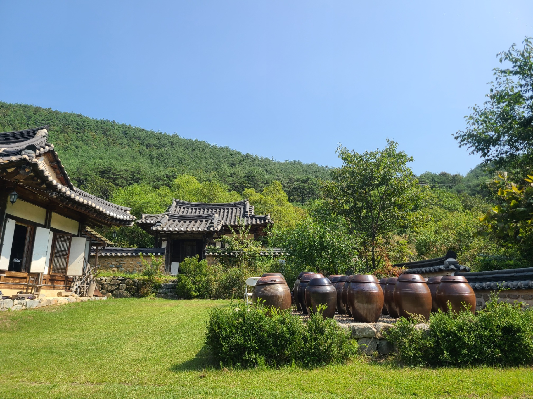 Traditional Korean hanok with onggi fermentation jars in mountain valley